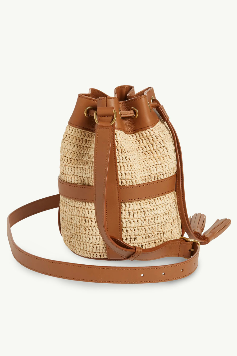 SAINT LAURENT Drawstring Bucket Bag in Natural/Brown Raffia x Calfskin 0