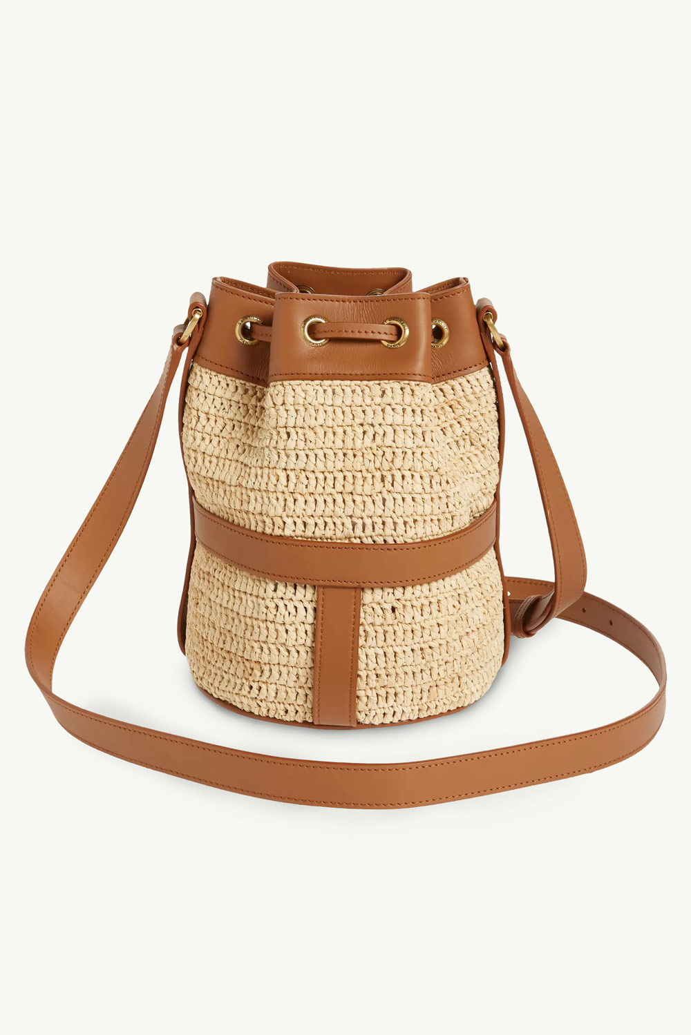 SAINT LAURENT Drawstring Bucket Bag in Natural/Brown Raffia x Calfskin 1