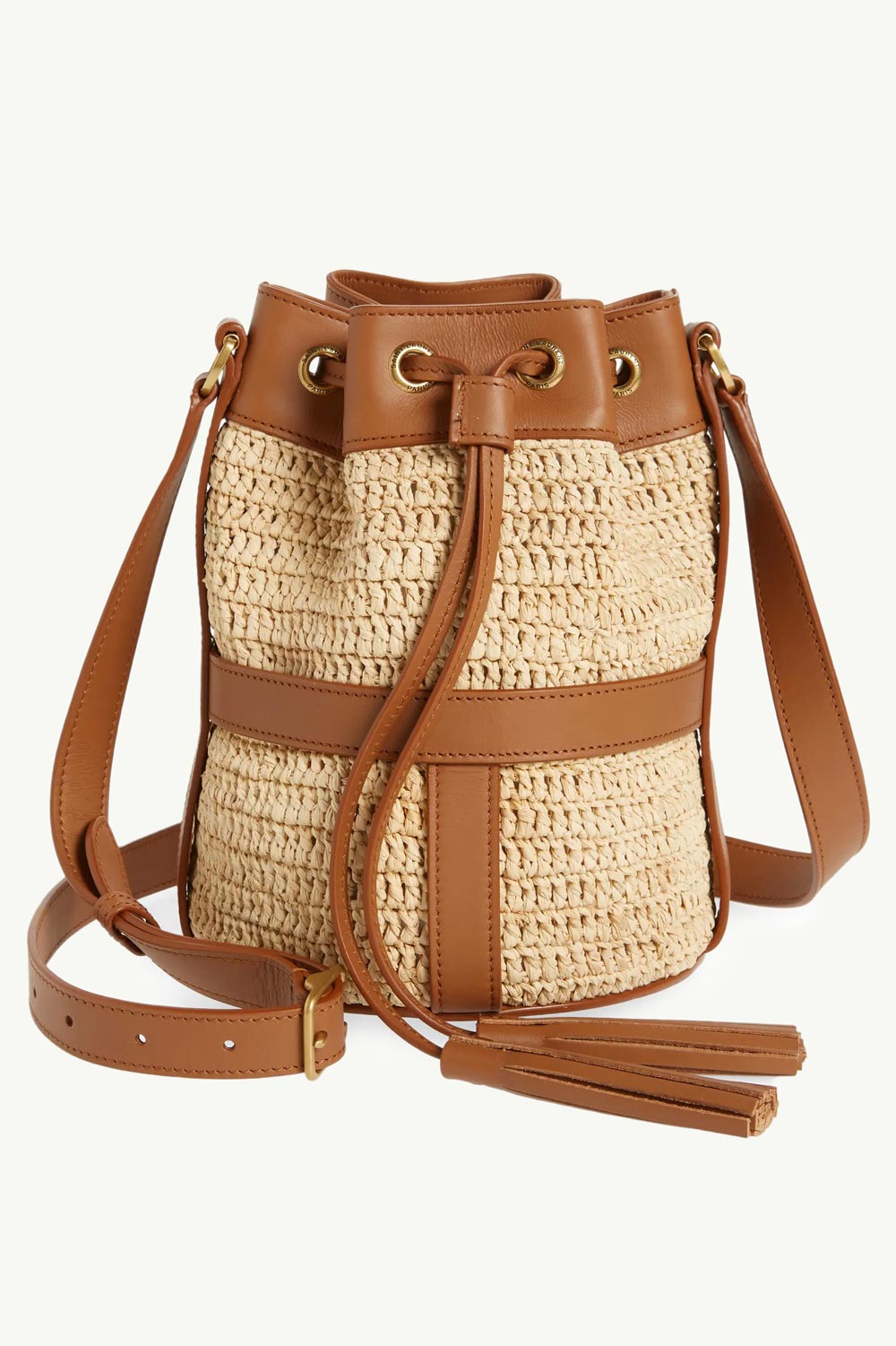 SAINT LAURENT Drawstring Bucket Bag in Natural/Brown Raffia x Calfskin 2