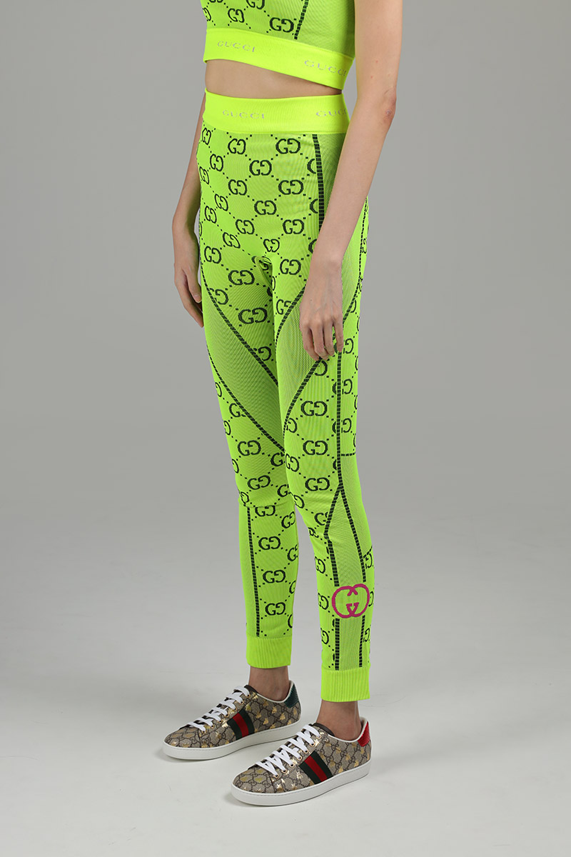 GUCCI Women GG Jersey Jacquard Leggings in Fluorescent Yellow/Black 2