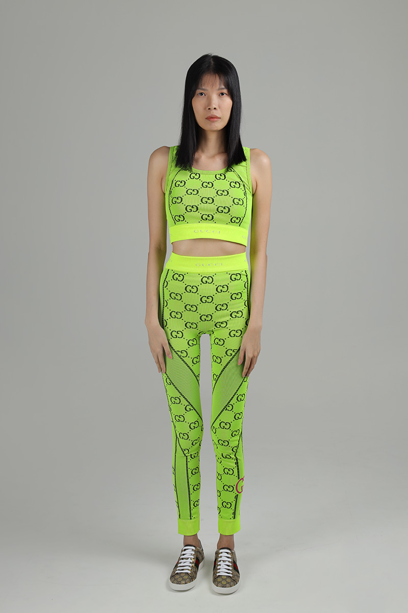 GUCCI Women GG Jersey Jacquard Leggings in Fluorescent Yellow/Black 3