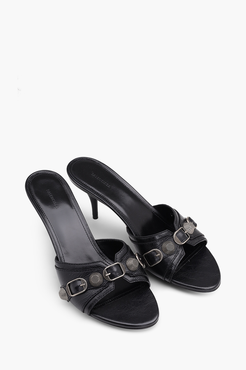 BALENCIAGA Women Cagole Sandals 70mm in Black Arena Lambskin 1