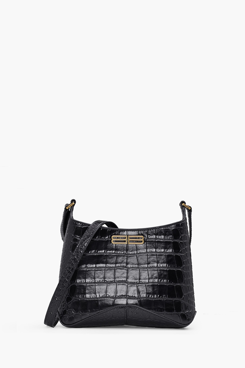 BALENCIAGA Small XX Hobo Shoulder Bag in Black Shiny Super Supple Croco Embossed GHW 0