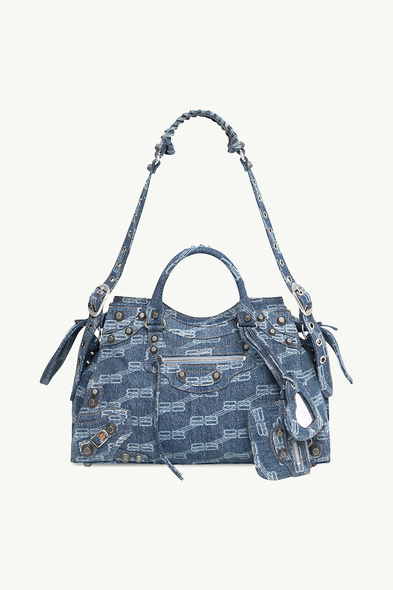 BALENCIAGA Neo Cagole City Handbag in Blue BB Monogram Bleached Denim 0