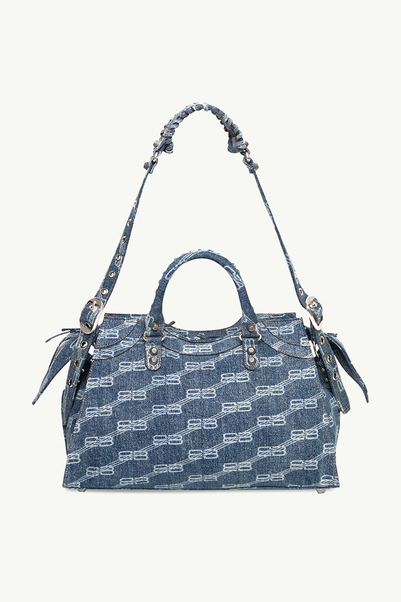 BALENCIAGA Neo Cagole City Handbag in Blue BB Monogram Bleached Denim 1