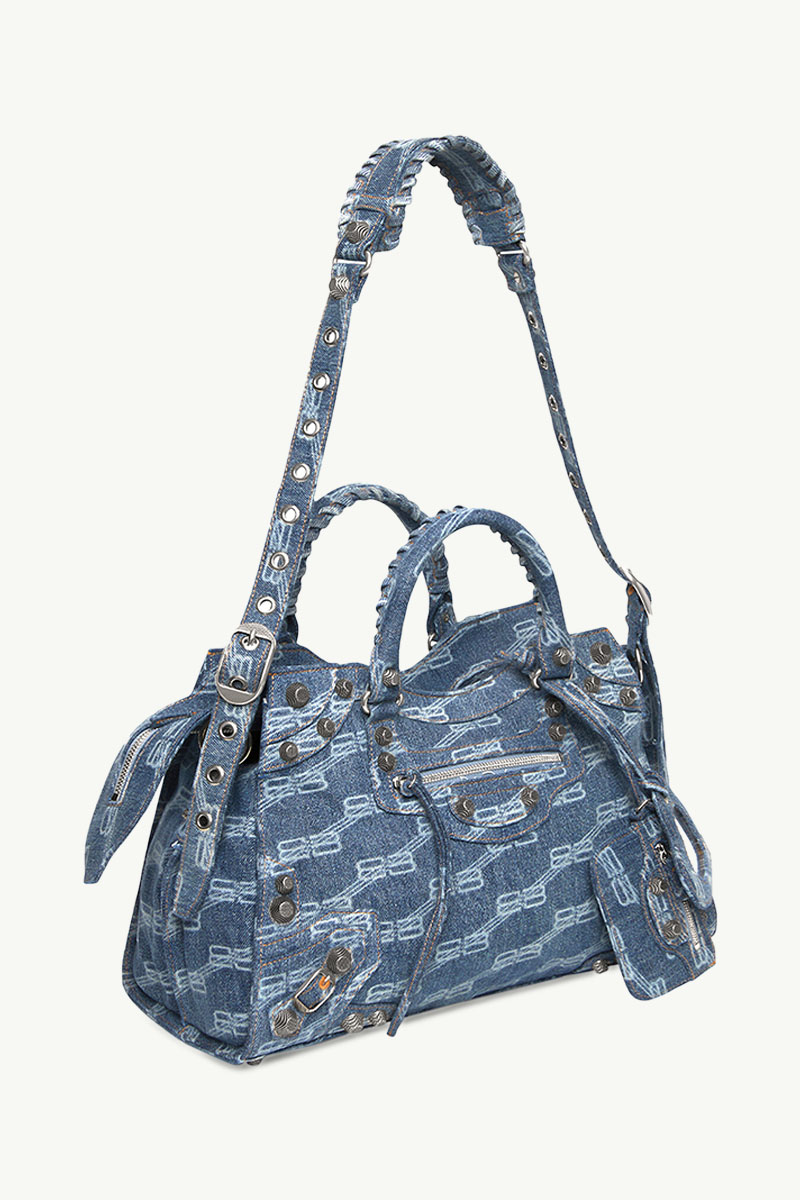 BALENCIAGA Neo Cagole City Handbag in Blue BB Monogram Bleached Denim 2