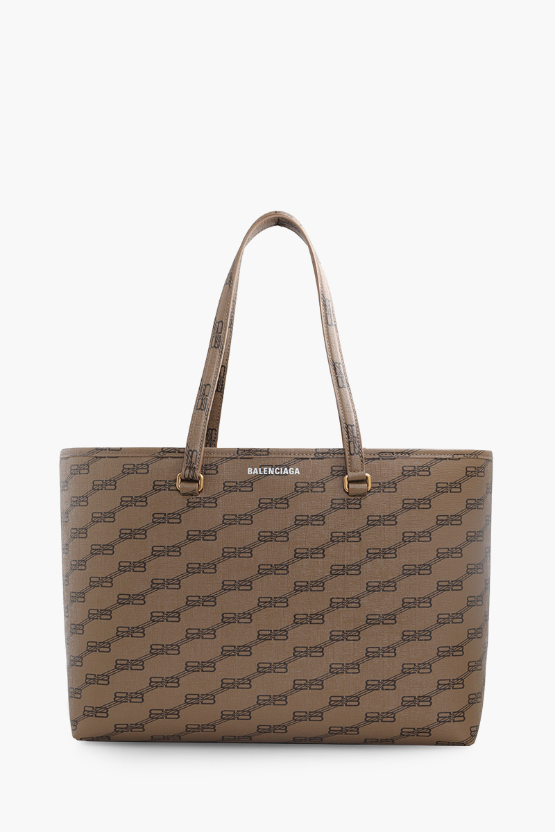 BALENCIAGA Medium Signature East-West Shopper Bag in Beige/Brown BB Monogram Coated Canvas GHW 0