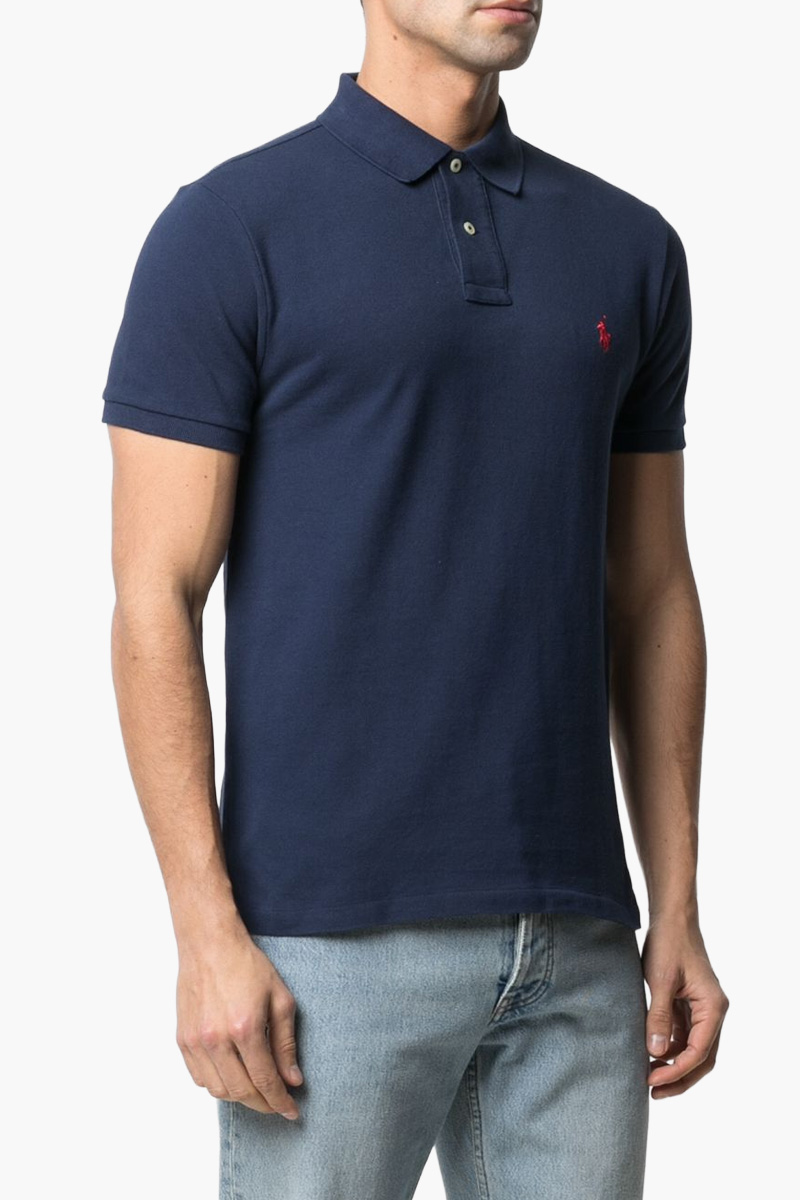 POLO RALPH LAUREN Men The Iconic Mesh Polo Shirt in New Port Navy/Red Cotton 1