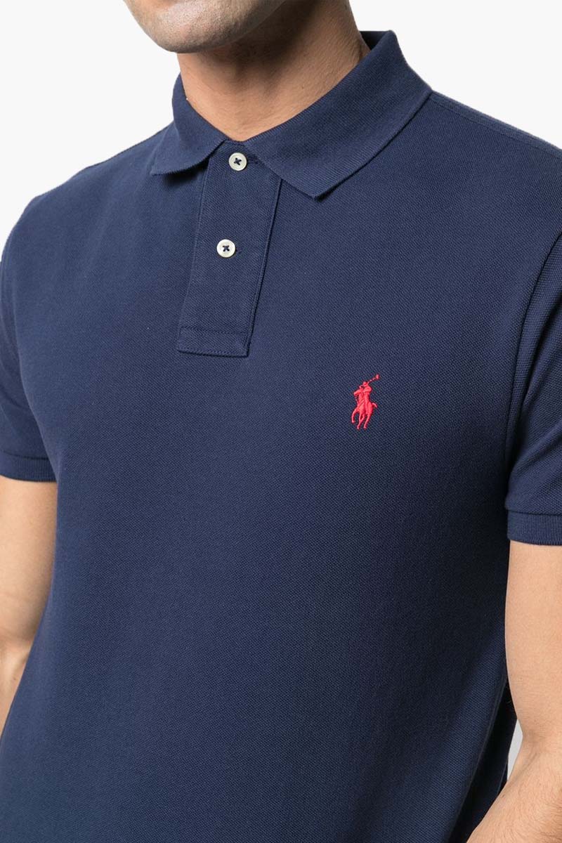 POLO RALPH LAUREN Men The Iconic Mesh Polo Shirt in New Port Navy/Red Cotton 3