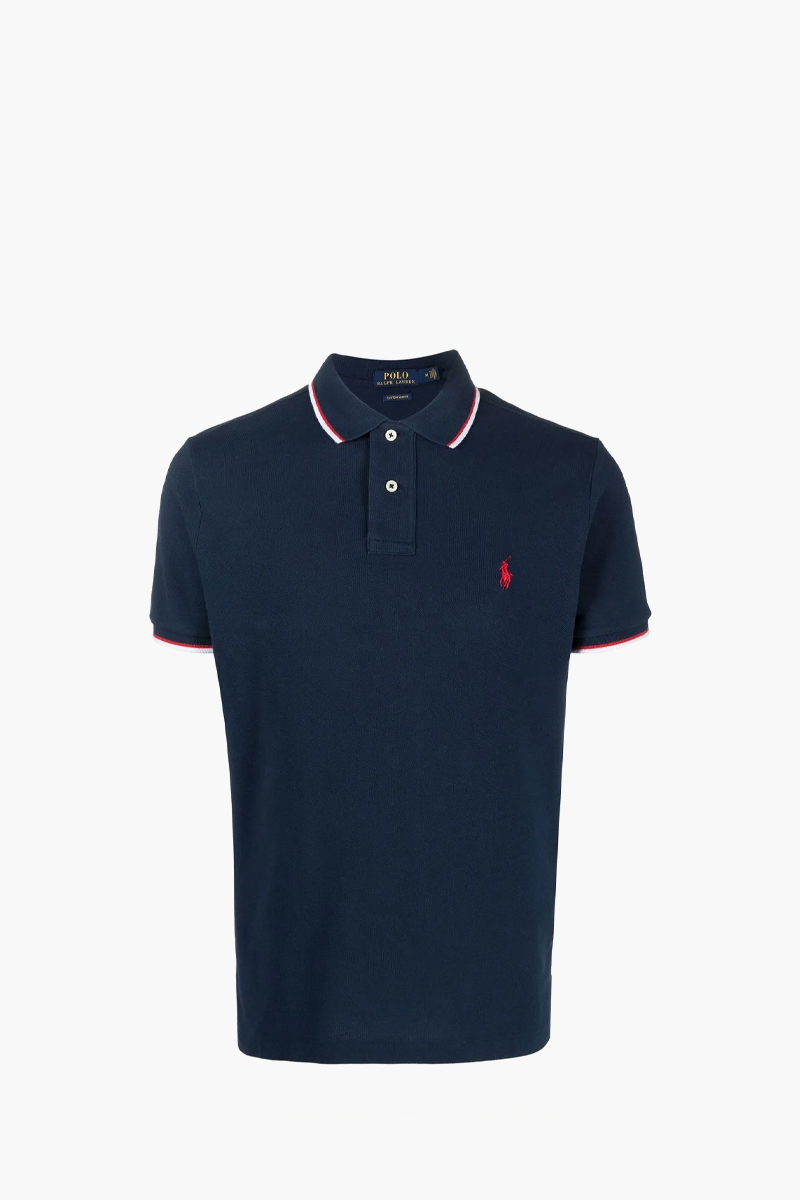POLO RALPH LAUREN Men Slim Fit Mesh Polo Shirt In Newport Navy/Red Cotton 0