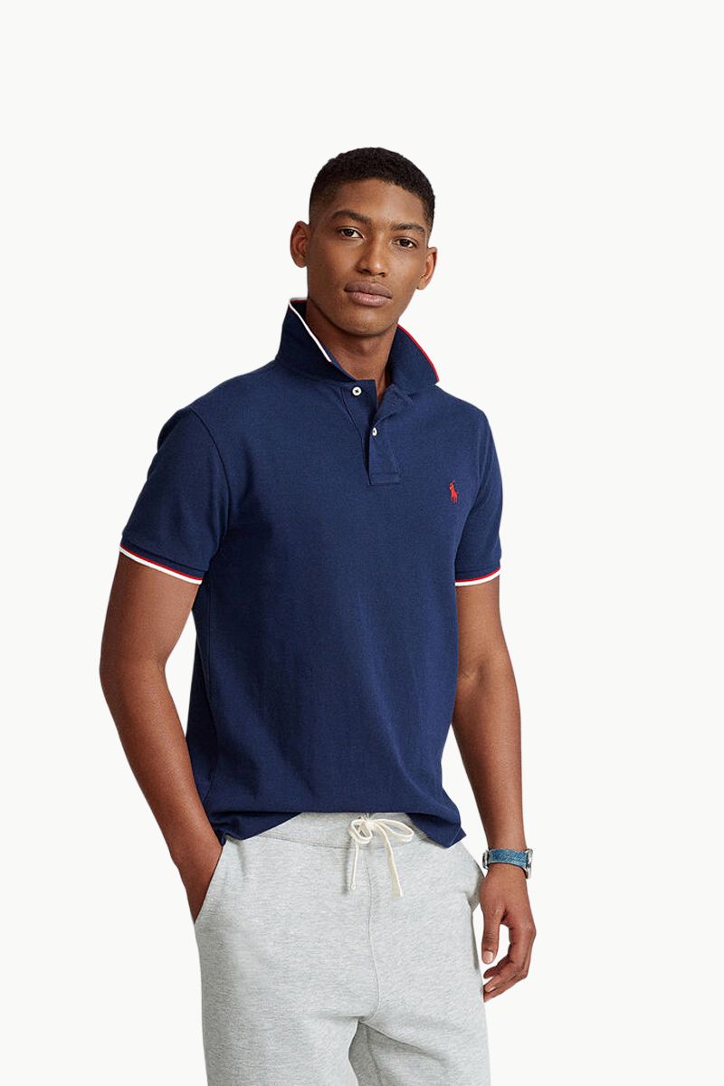 POLO RALPH LAUREN Men Slim Fit Mesh Polo Shirt In Newport Navy/Red Cotton 1