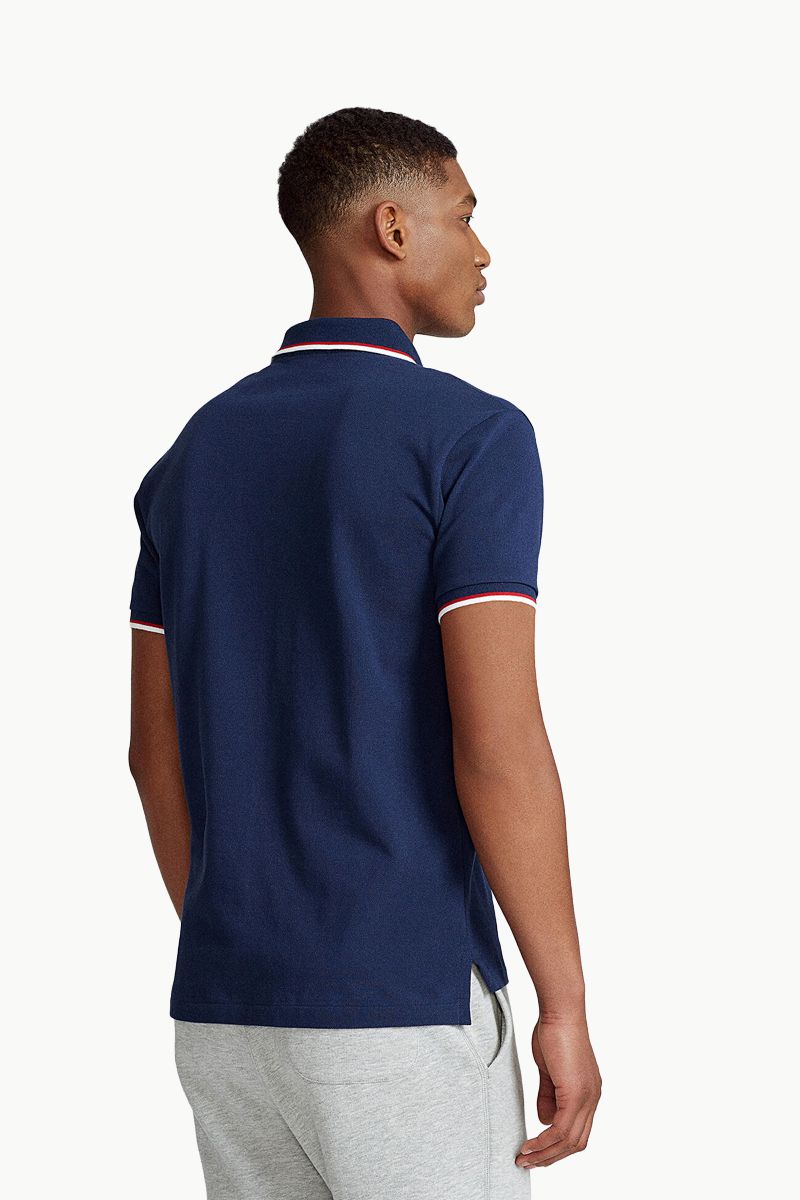 POLO RALPH LAUREN Men Slim Fit Mesh Polo Shirt In Newport Navy/Red Cotton 2