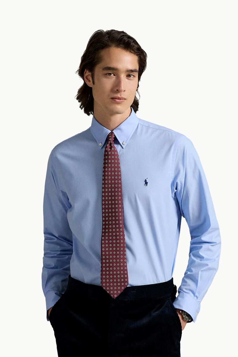 POLO RALPH LAUREN Men Custom Fit Stretch Poplin Shirt in Blue End On End Cotton 1