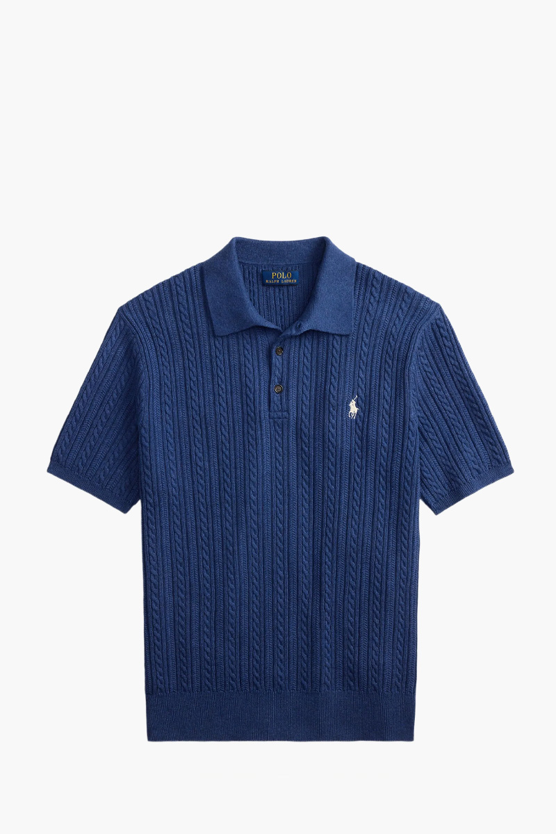 POLO RALPH LAUREN Men Cable Knit Regular Fit Polo Shirt in Rustic Navy Heather Cotton 0