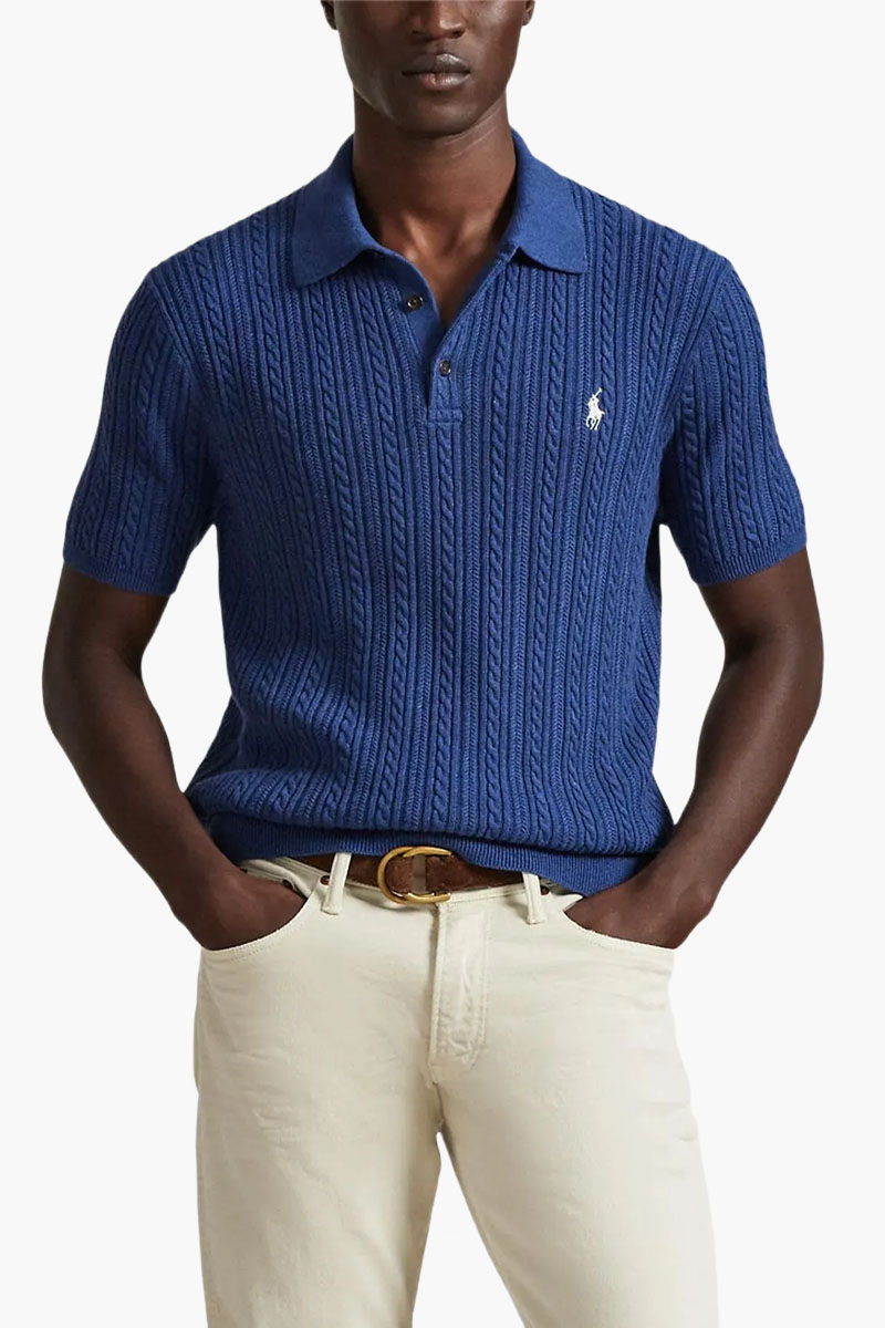 POLO RALPH LAUREN Men Cable Knit Regular Fit Polo Shirt in Rustic Navy Heather Cotton 1