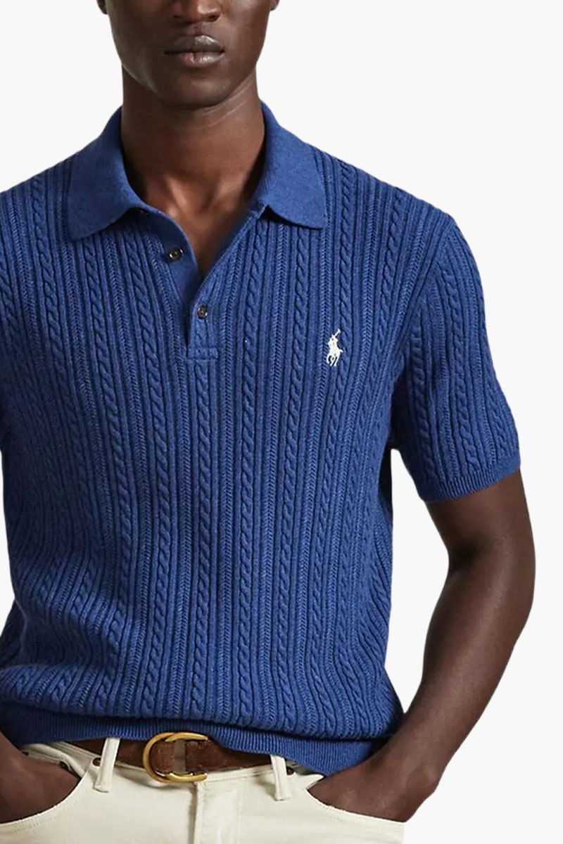 POLO RALPH LAUREN Men Cable Knit Regular Fit Polo Shirt in Rustic Navy Heather Cotton 3