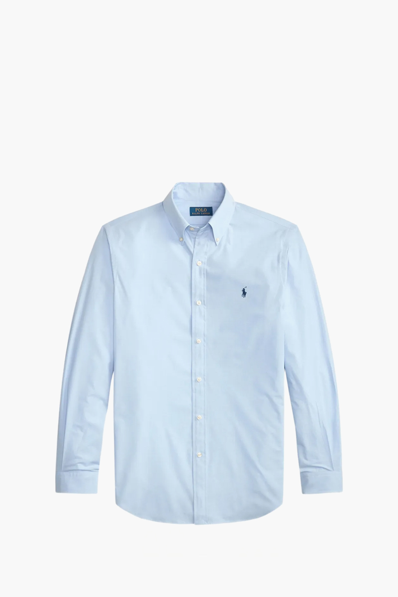 POLO RALPH LAUREN Men Stretch Custom Fit Poplin Shirt in Cabana Blue White Cotton 0