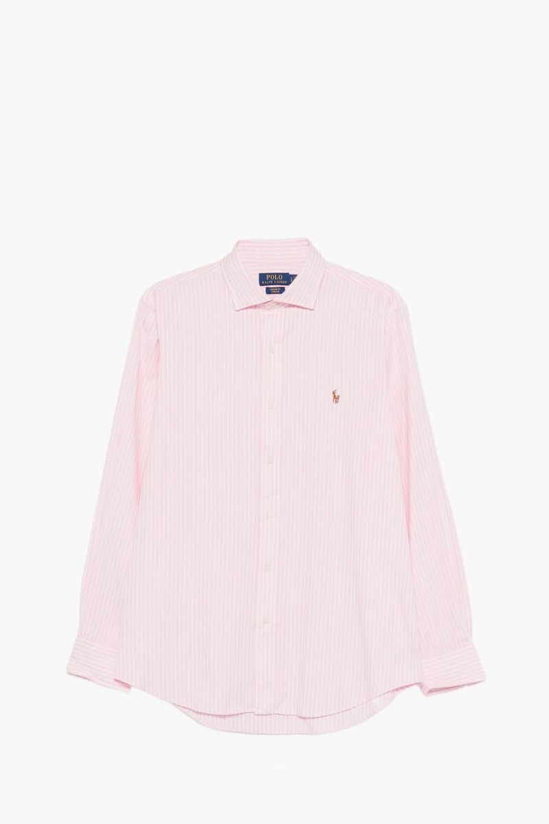 POLO RALPH LAUREN Men Striped Stretch Custom Fit Oxford Shirt in Pink/White Cotton 0