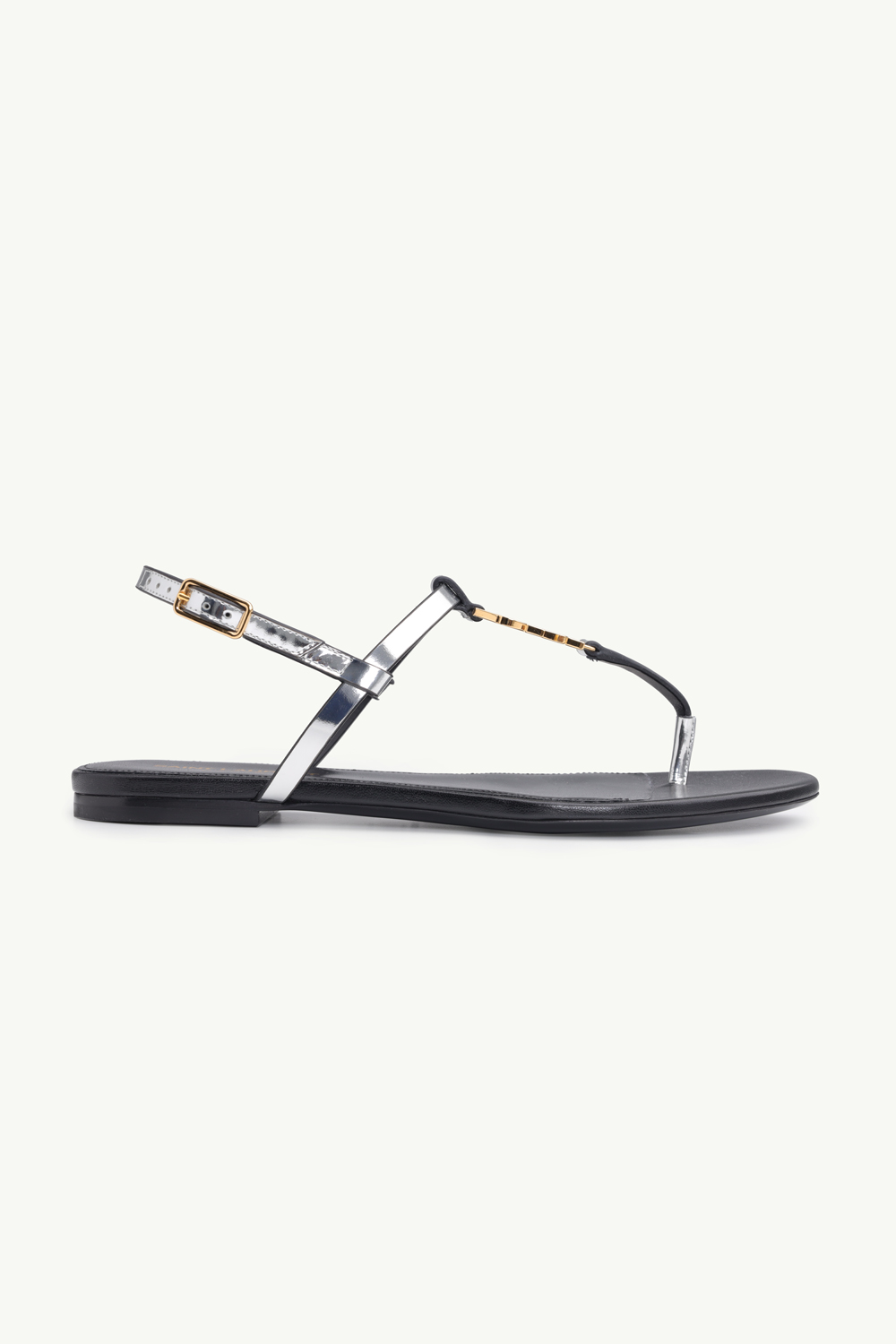SAINT LAURENT Women Cassandra Flat Ankle Strap Sandals in Argent Reflective Leather with Gold-Tone Monogram 0