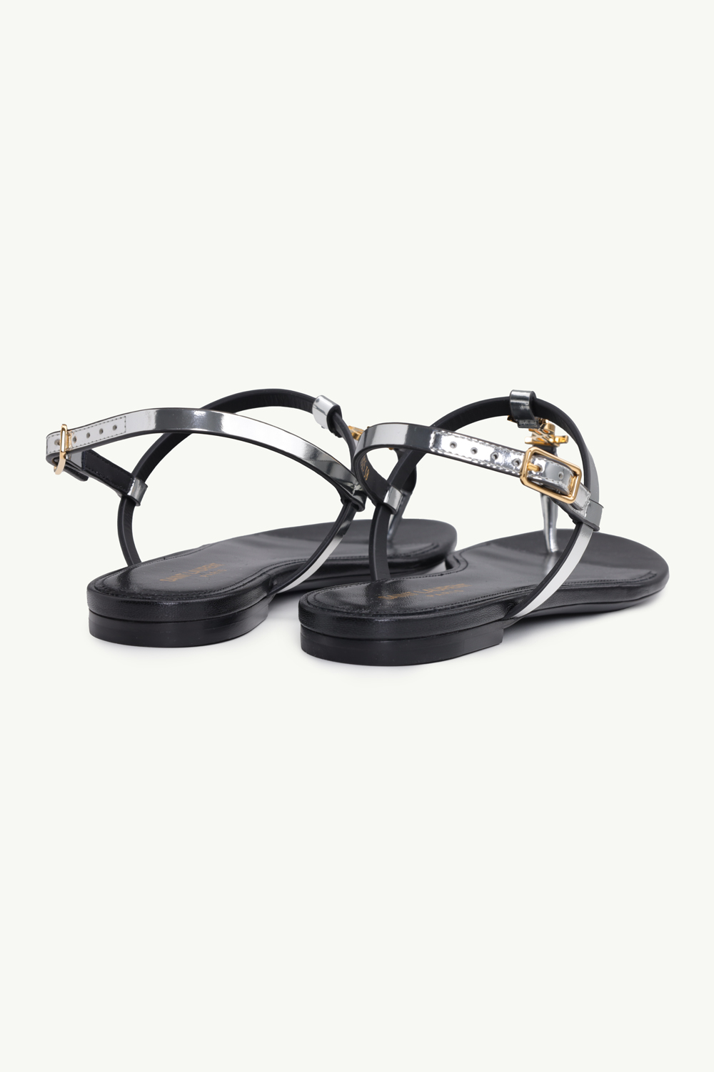 SAINT LAURENT Women Cassandra Flat Ankle Strap Sandals in Argent Reflective Leather with Gold-Tone Monogram 2