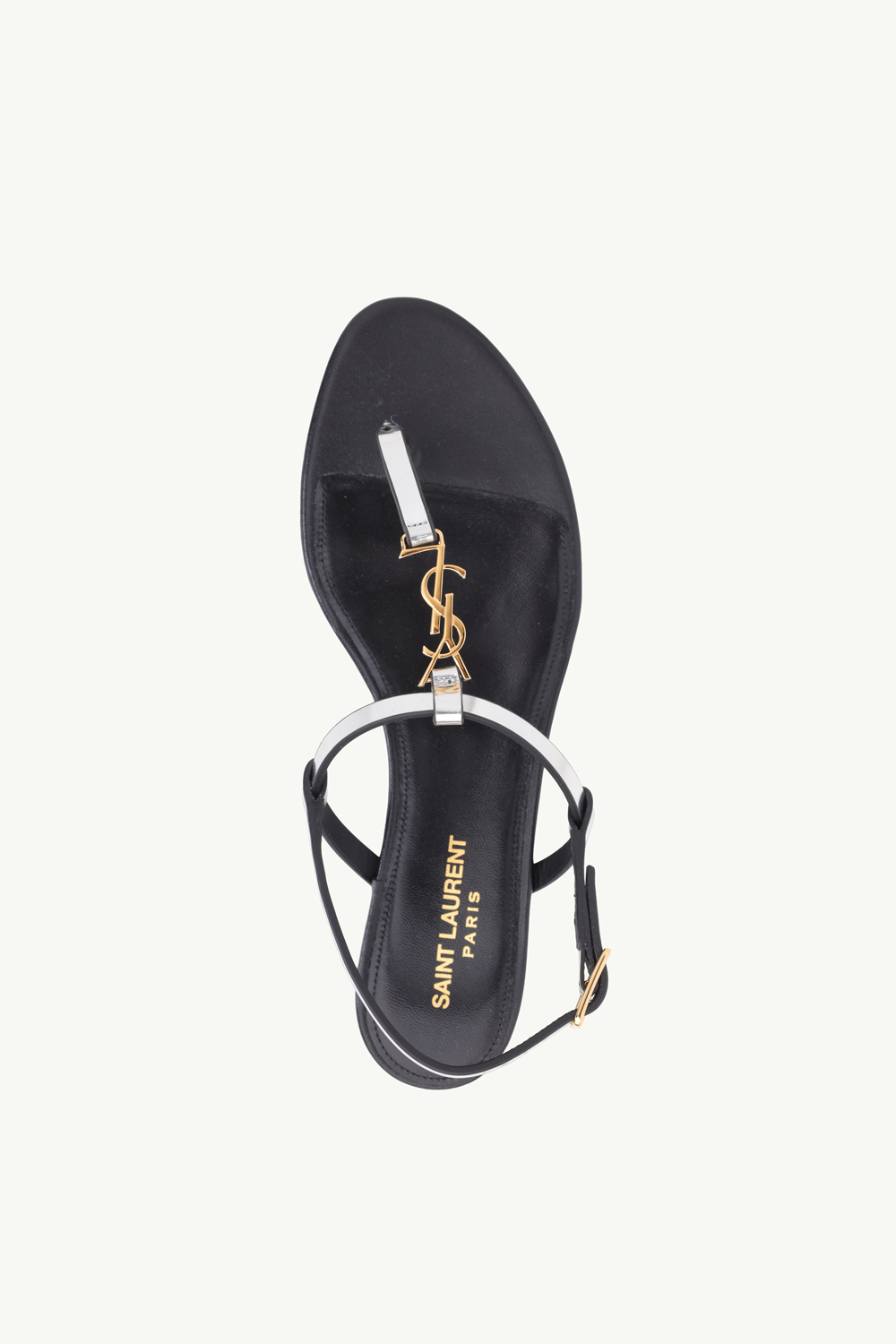 SAINT LAURENT Women Cassandra Flat Ankle Strap Sandals in Argent Reflective Leather with Gold-Tone Monogram 3