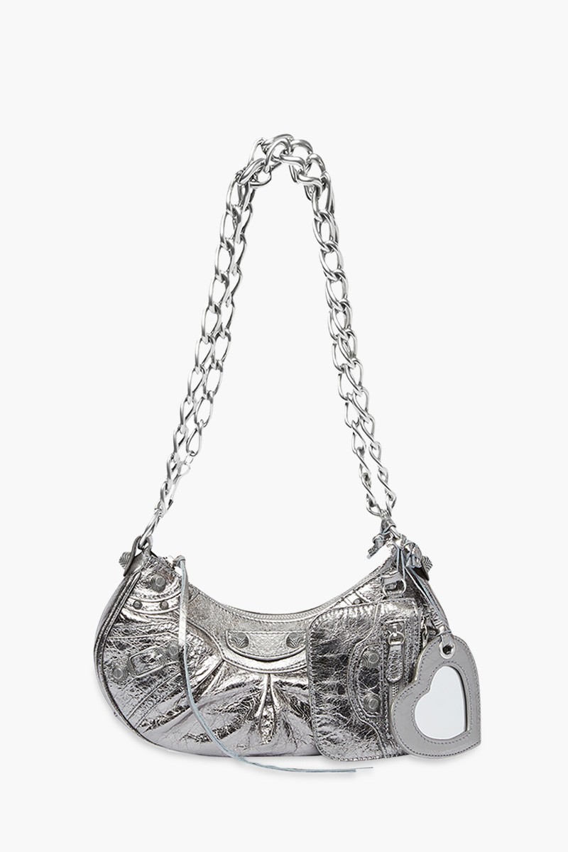 BALENCIAGA Le Cagole XS Chain Shoulder Bag in Silver Metallized Arena Lambskin SHW 0