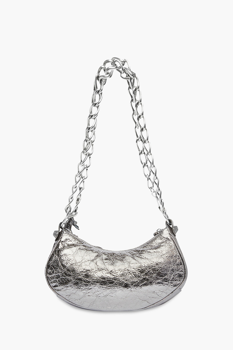 BALENCIAGA Le Cagole XS Chain Shoulder Bag in Silver Metallized Arena Lambskin SHW 1