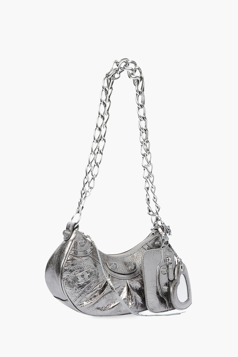 BALENCIAGA Le Cagole XS Chain Shoulder Bag in Silver Metallized Arena Lambskin SHW 2