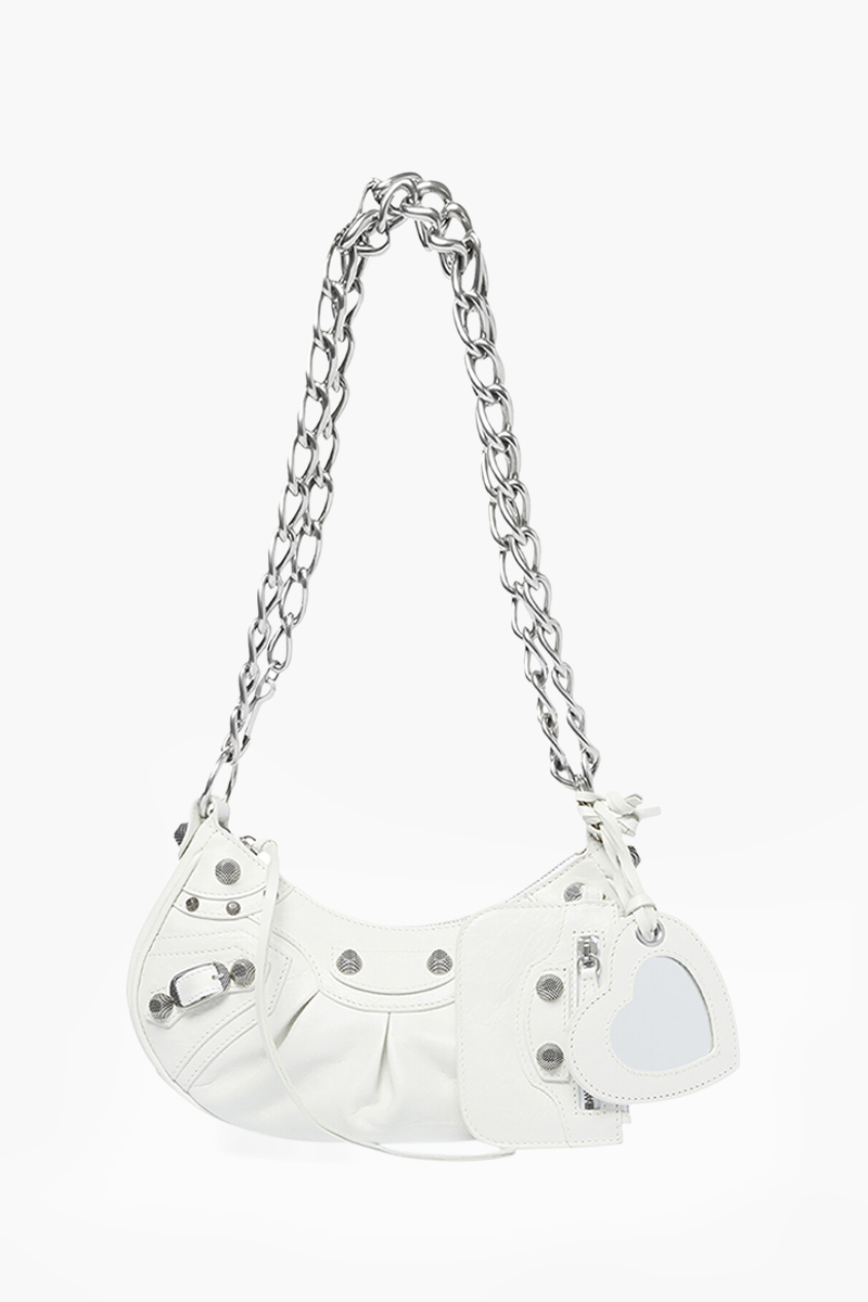 BALENCIAGA Le Cagole XS Chain Shoulder Bag in White Arena Lambskin SHW 0