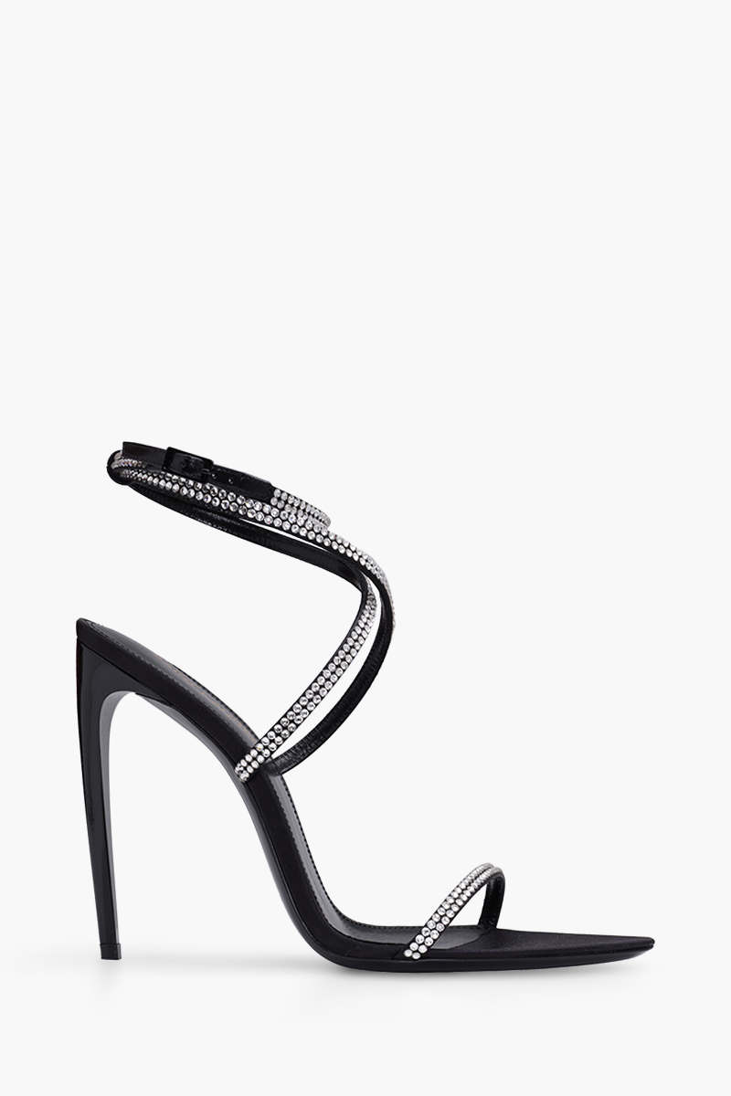 SAINT LAURENT Women Georgia Ankle Strap Sandals 11cm in Black Crepe Satin with Rhinestones 0