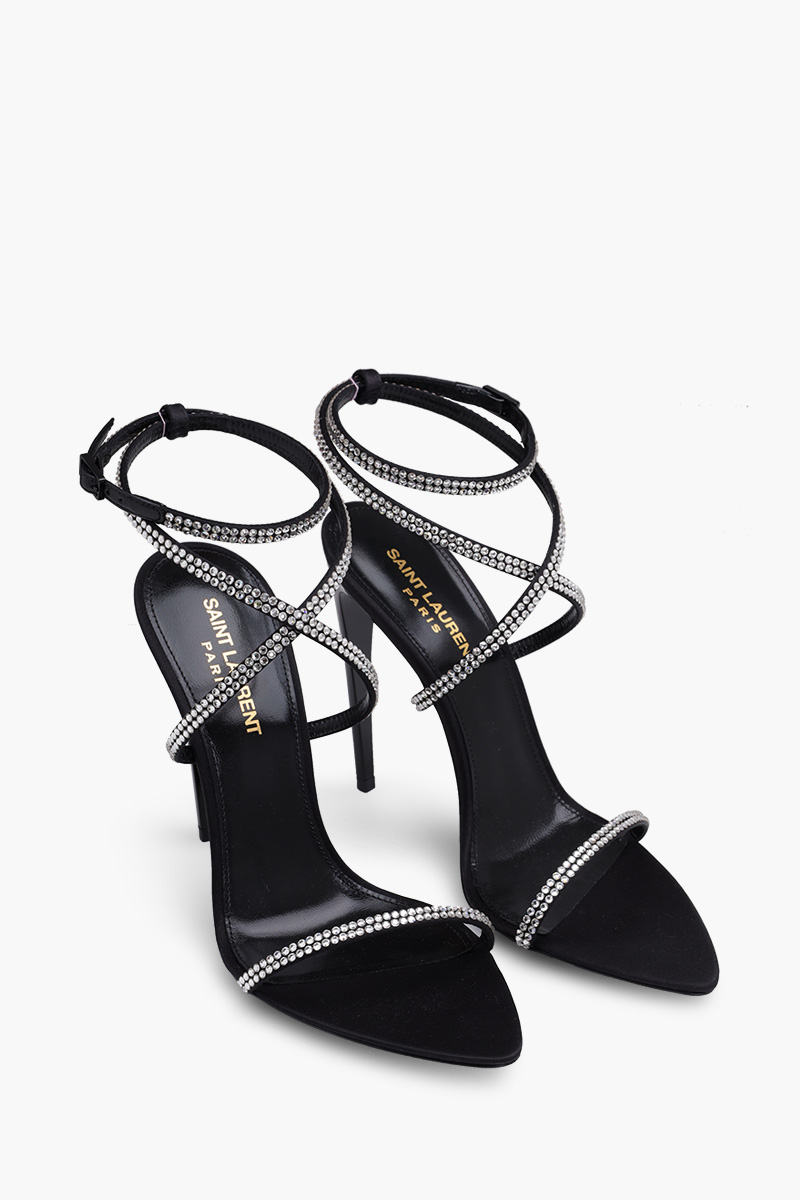 SAINT LAURENT Women Georgia Ankle Strap Sandals 11cm in Black Crepe Satin with Rhinestones 1