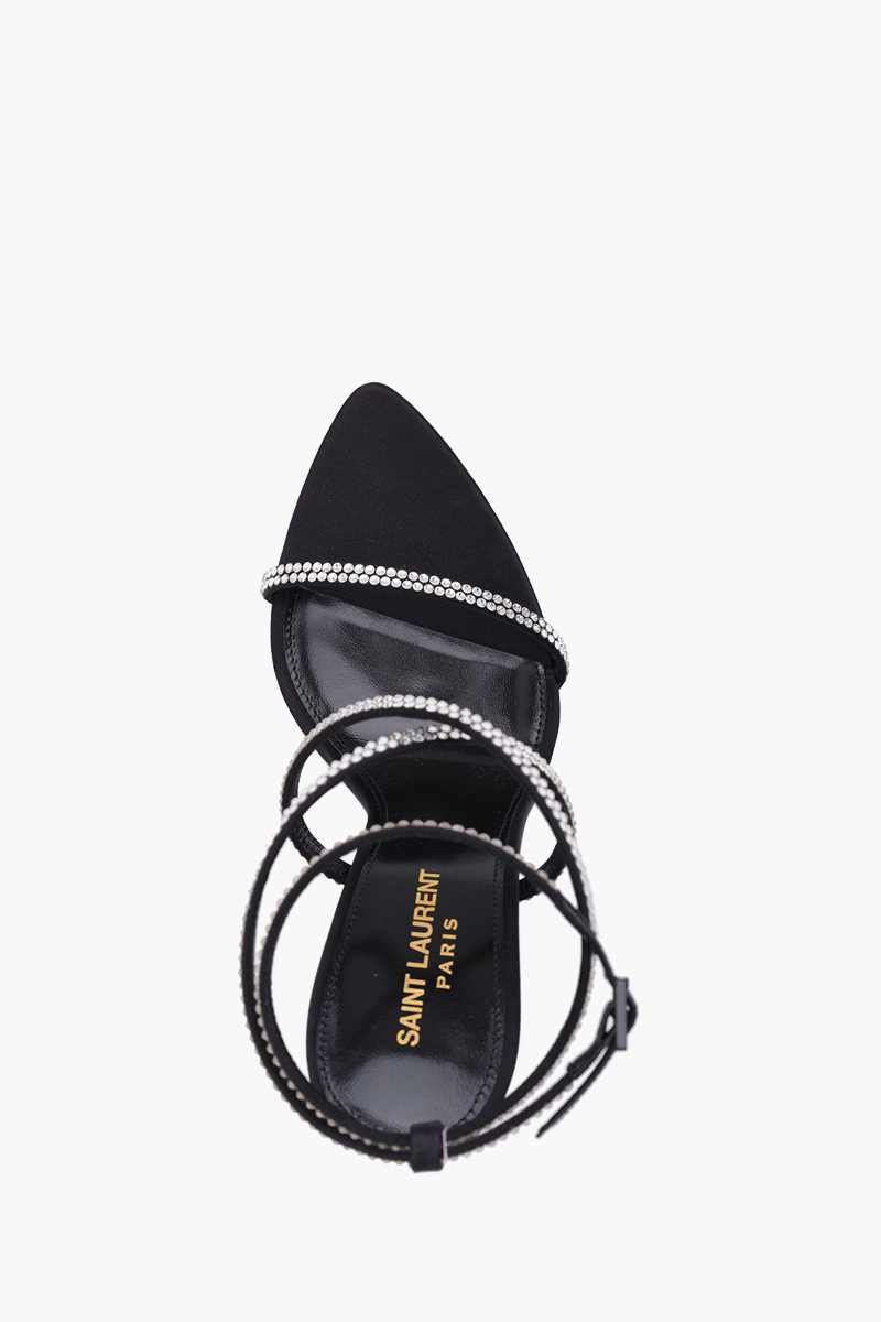 SAINT LAURENT Women Georgia Ankle Strap Sandals 11cm in Black Crepe Satin with Rhinestones 3