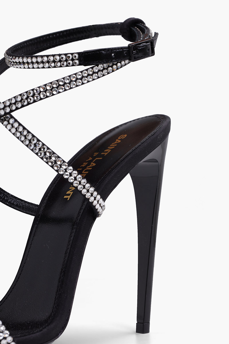 SAINT LAURENT Women Georgia Ankle Strap Sandals 11cm in Black Crepe Satin with Rhinestones 4