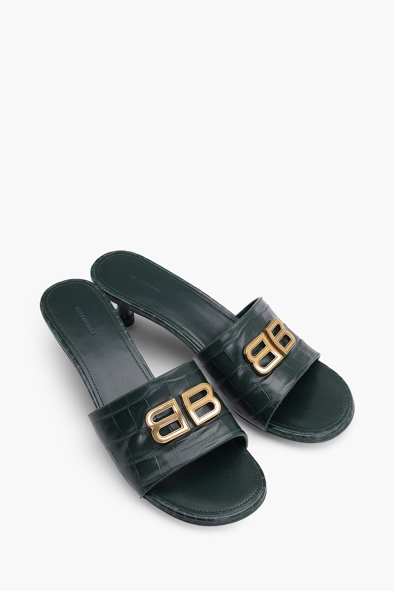 BALENCIAGA Women Groupie BB Sandals 50mm in Dark Green Croco Embossed 1