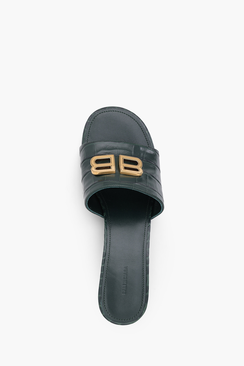 BALENCIAGA Women Groupie BB Sandals 50mm in Dark Green Croco Embossed 3