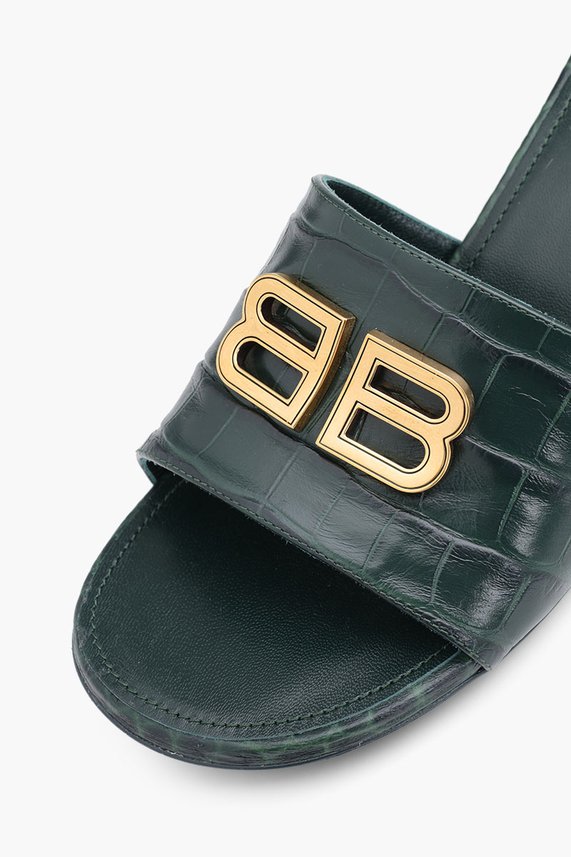 BALENCIAGA Women Groupie BB Sandals 50mm in Dark Green Croco Embossed 4