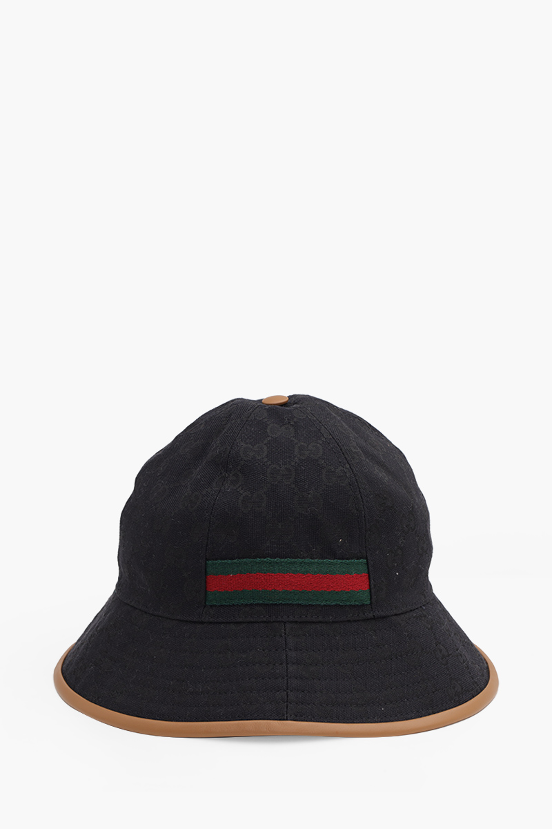 GUCCI Women GG Supreme Brimmed Bucket Hat in Black Canvas with Green/Red Web 0