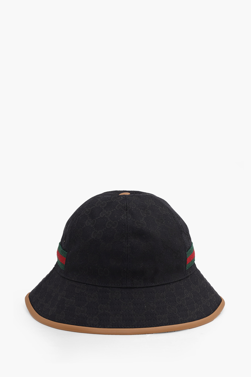 GUCCI Women GG Supreme Brimmed Bucket Hat in Black Canvas with Green/Red Web 1