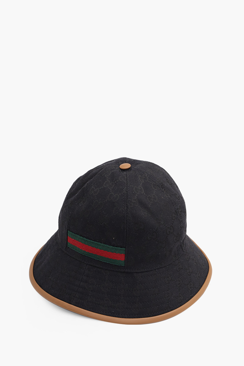 GUCCI Women GG Supreme Brimmed Bucket Hat in Black Canvas with Green/Red Web 2