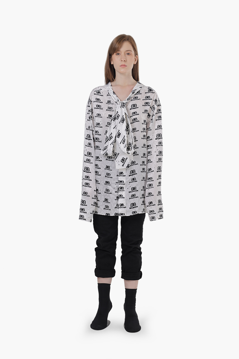 BALENCIAGA Women All Over BB Icon Oversized Shirt in White/Black Silk 0