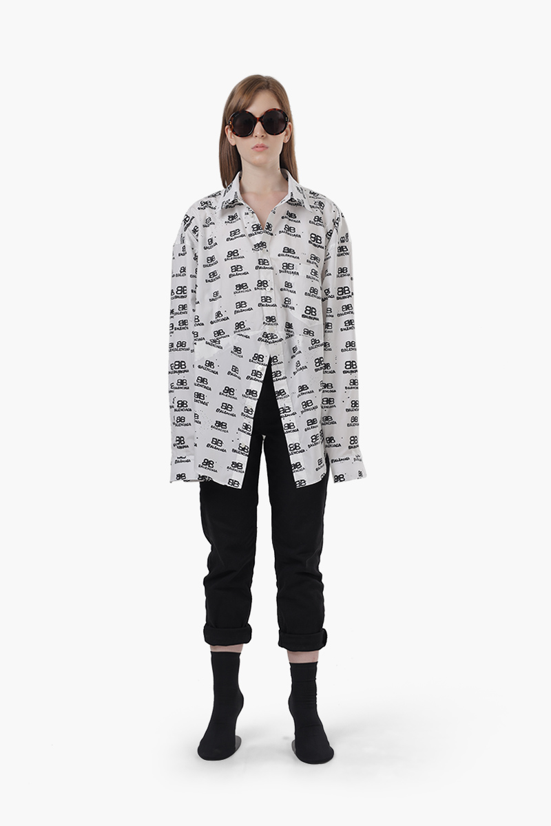BALENCIAGA Women Hand Drawn BB Icon Swing Shirt in White/Black Poplin 0