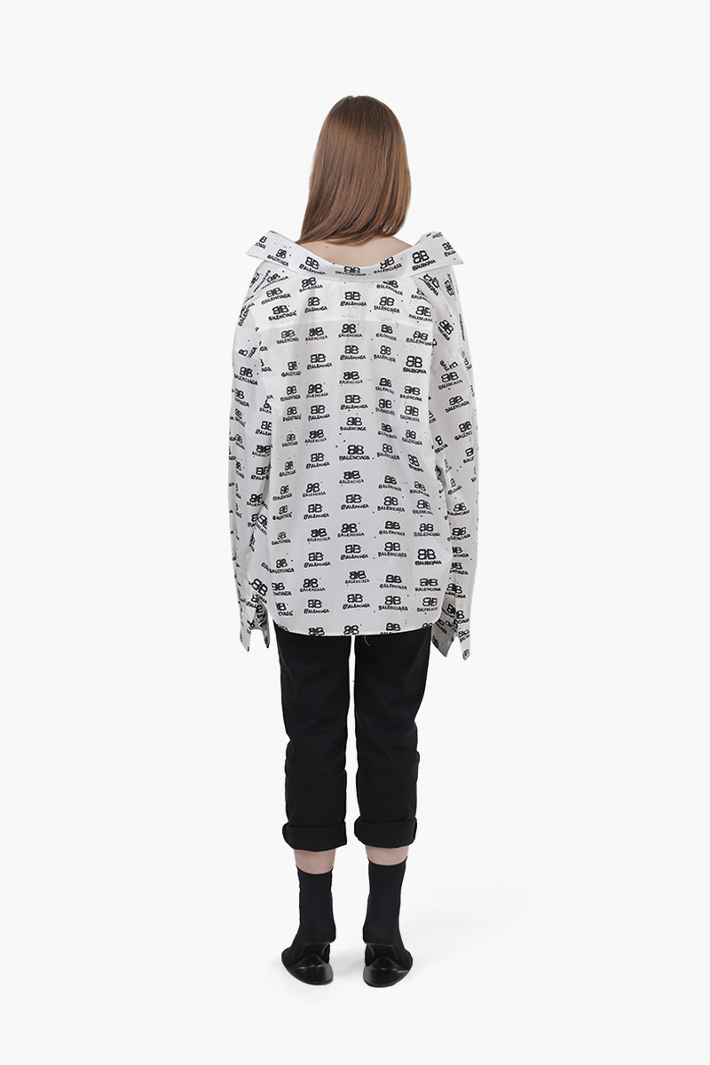 BALENCIAGA Women Hand Drawn BB Icon Swing Shirt in White/Black Poplin 1