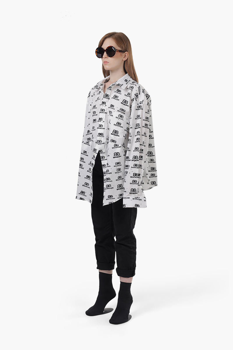 BALENCIAGA Women Hand Drawn BB Icon Swing Shirt in White/Black Poplin 2