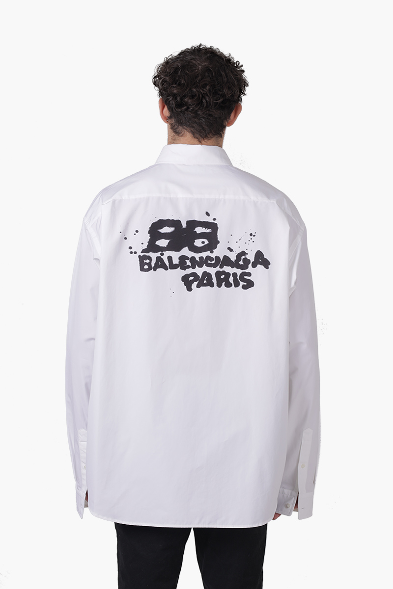 BALENCIAGA Men Hand Drawn BB Icon Large Fit Long Sleeve Shirt in White 1