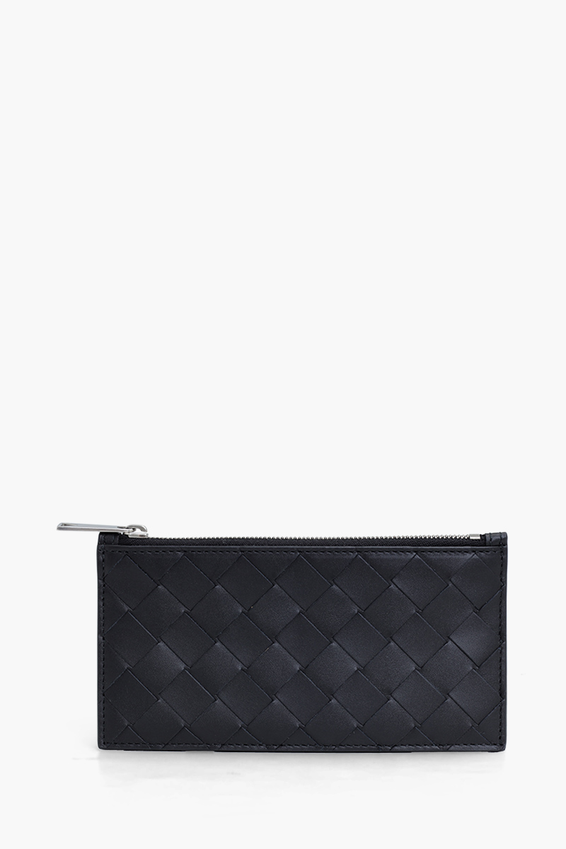 BOTTEGA VENETA Men Long Intrecciato Zippered Card Case Wallet in Black Calfskin 0