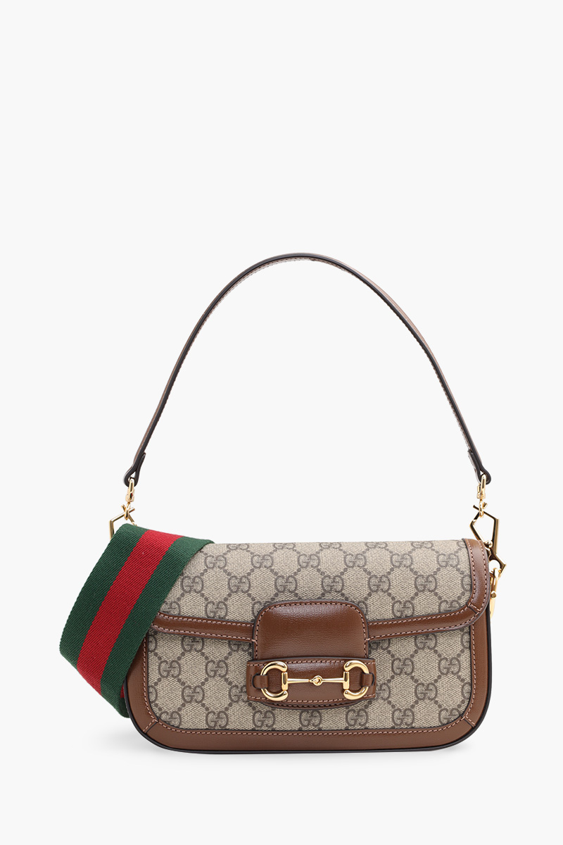 GUCCI Small GG Supreme Horsebit 1955 Shoulder Bag in Beige/Ebony with Two Detachable Shoulder Straps 0