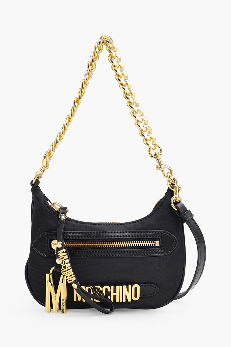 MOSCHINO Lettering Logo Chain Handbag in Black Nylon with Keychain 0