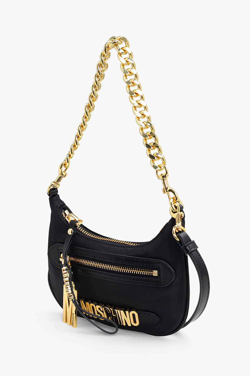 MOSCHINO Lettering Logo Chain Handbag in Black Nylon with Keychain 2