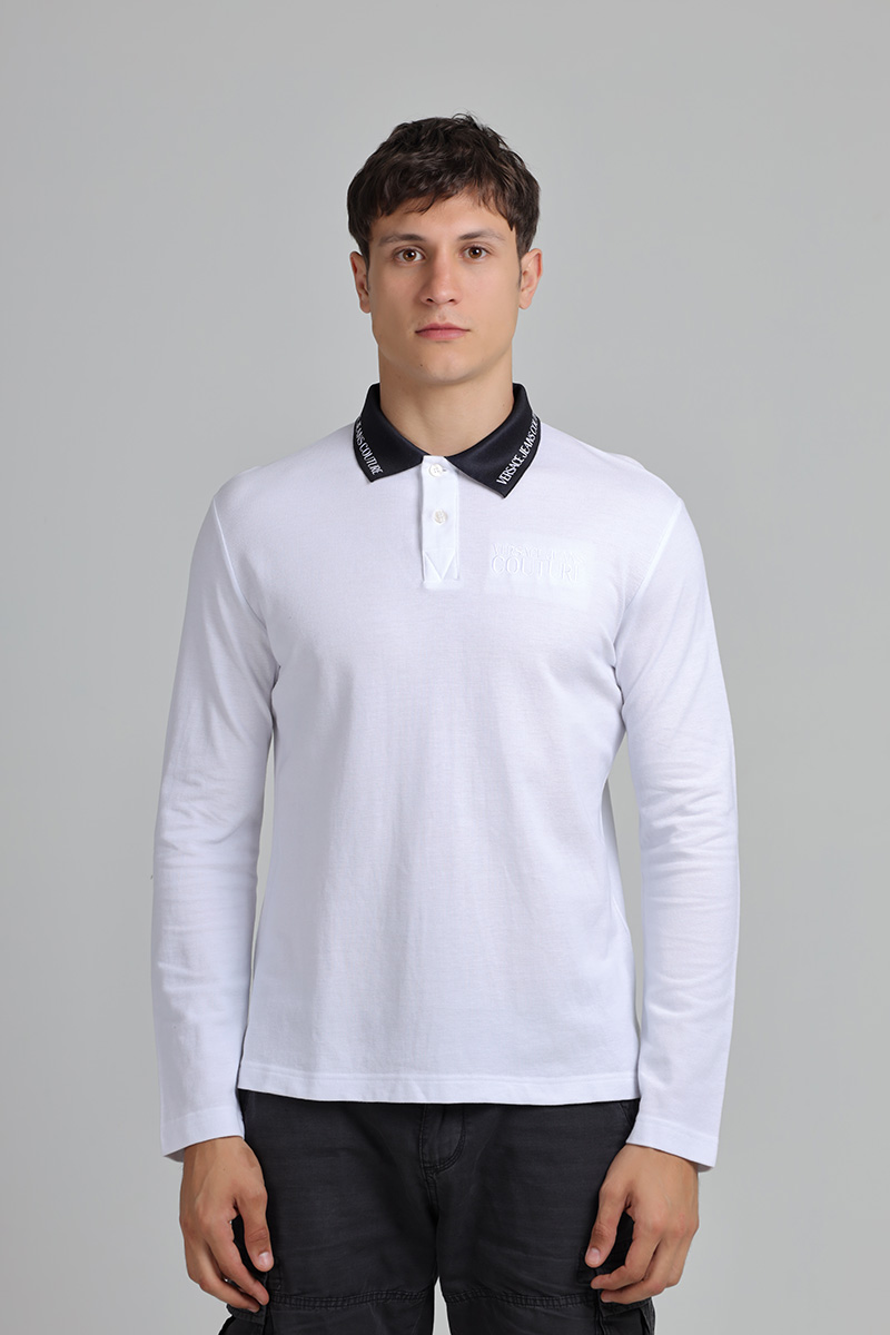 VERSACE JEANS COUTURE Men Long Sleeves Polo Shirt in White with Logo on Collar 0