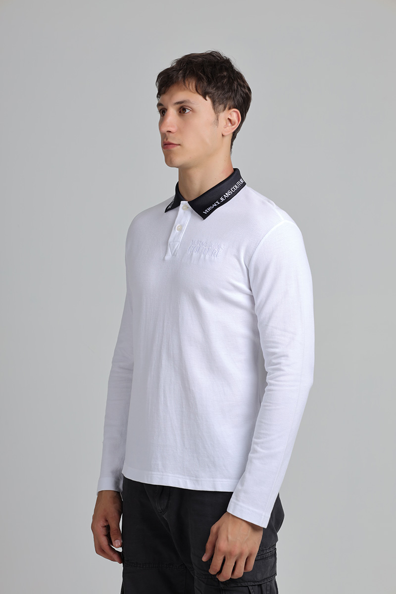 VERSACE JEANS COUTURE Men Long Sleeves Polo Shirt in White with Logo on Collar 2